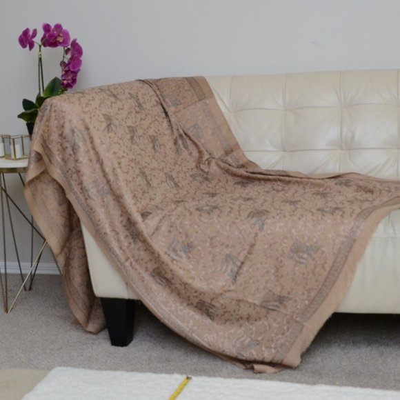 Accessories - NEW Shawl, Beige, Indian Pashmina Wool, Full Embroidered Flower &Vine, 84x44